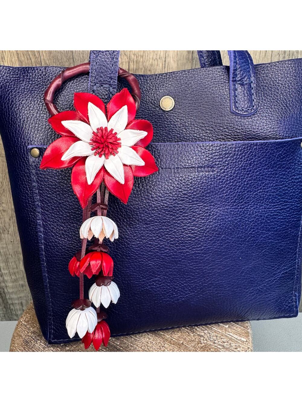 Leather Flower Purse Charm Genuine Leather Poinsettia Bag Charm Red Flower Flair
